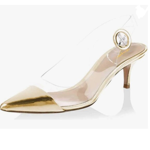 XYD Shoes - XYD Gold Transparent Slingback Kitten Heel Pointed Toe PVC Dress Buckle Sandal